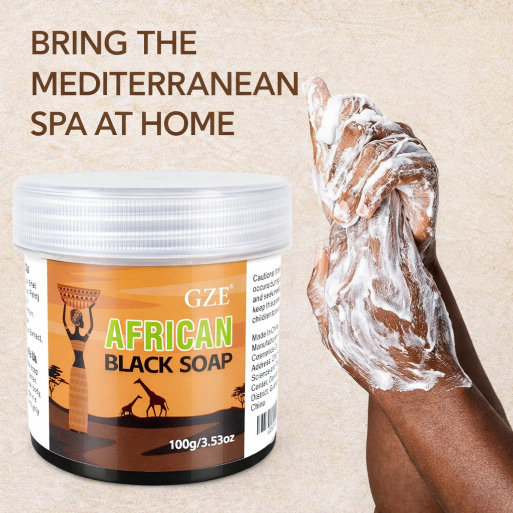 GZE African Black Soap 3-in-1 Face, Hair, and Body Cleanser - Deeply Cleanses and Moisturizes Skin and Hair, Natural Ingredients